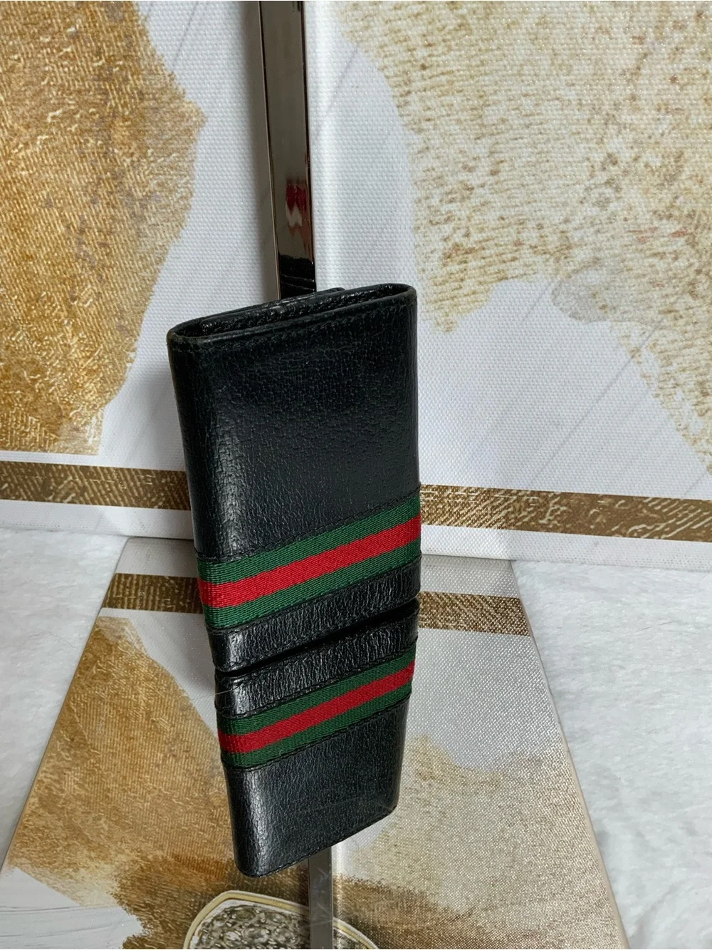 Gucci Black Leather Key & Card Holder with Green and Red Web Stripe